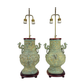 PAIR OF BRONZE CHINOISERIE LAMPS WITH DRAGON HANDLES AND ROSEWOOD BASE