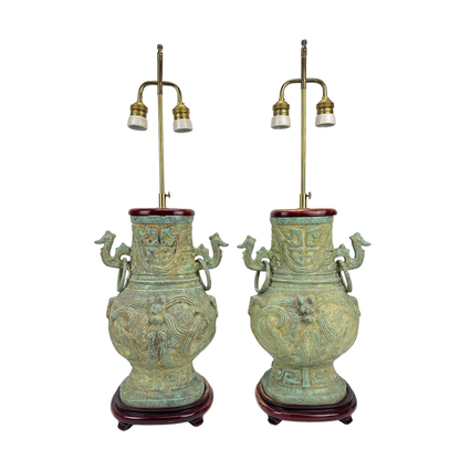 PAIR OF BRONZE CHINOISERIE LAMPS WITH DRAGON HANDLES AND ROSEWOOD BASE