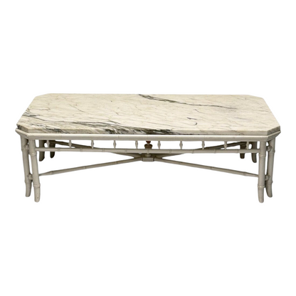 LARGE MARBLE COFFEE TABLE WITH PAINTED FAUX BAMBOO BASE