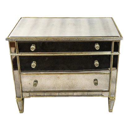 SINGLE REGENCY STYLE MIRRORED THREE DRAWER CHEST WITH GILT TRIM