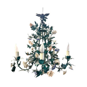 VINTAGE ITALIAN WROUGHT IRON & PORCELAIN FLORAL CHANDELIER