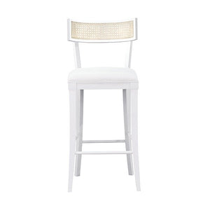 WHITE LACQUER & CANE STOOL WITH LINEN UPHOLSTERY