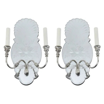 HOLLYWOOD REGENCY STYLE PAIR OF MIRRORED SCONCES WITH TWO NICKEL ARMS