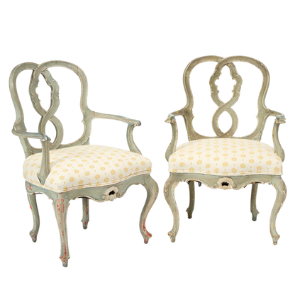 PAIR OF VINTAGE PAINTED LOUIS XV UPHOLSTERED ARMCHAIRS