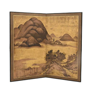 VINTAGE TWO PANEL ASIAN SCREEN LANDSCAPE SCENE