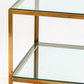 PAIR MID CENTURY THREE TIER BRASS AND GLASS SIDE TABLES
