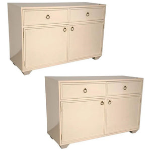 PAIR OF CREAM LACQUER CABINETS WITH BRASS DETAIL, JACK FHILLIPS FOR  EJ VICTOR