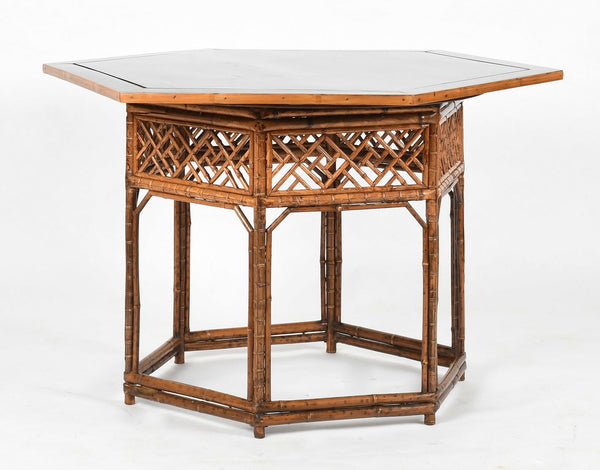 ASIAN BAMBOO FRETWORK HEXAGONAL TABLE WITH REMOVABLE LACQUERED TOP