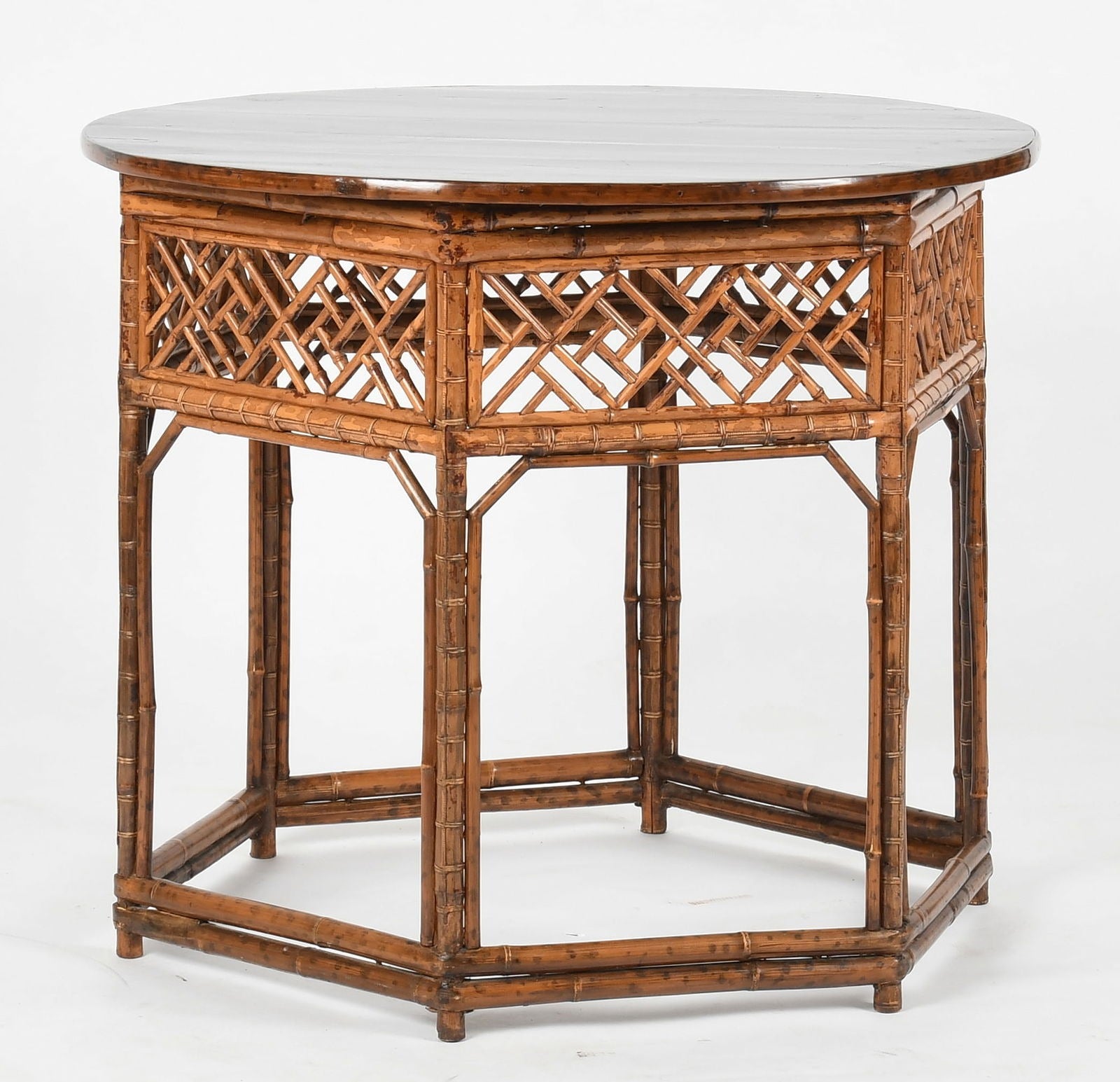 ASIAN BAMBOO FRETWORK HEXAGONAL TABLE WITH REMOVABLE LACQUERED TOP