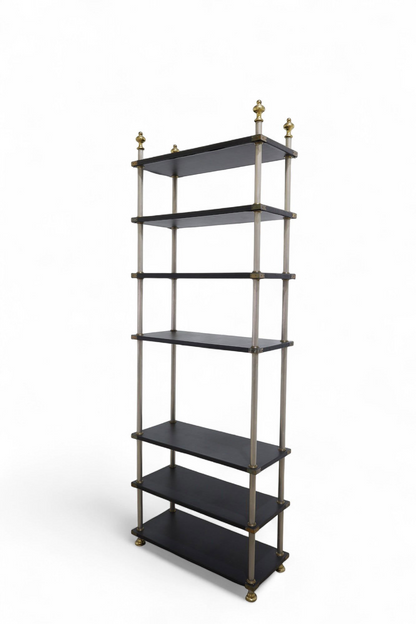MIXED METALS VINTAGE  ETAGERE WITH FAUX LEATHER SHELVES