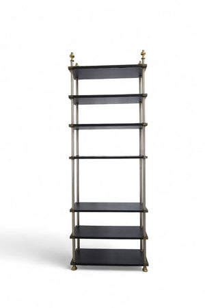 MIXED METALS VINTAGE  ETAGERE WITH SEVEN FAUX LEATHER SHELVES