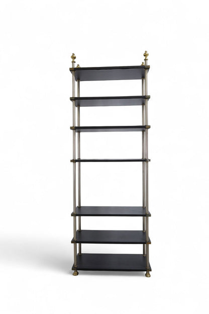 MIXED METALS VINTAGE  ETAGERE WITH SEVEN FAUX LEATHER SHELVES