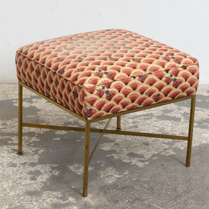 FLORAL UPHOLSTERED BRASS OTTOMAN
