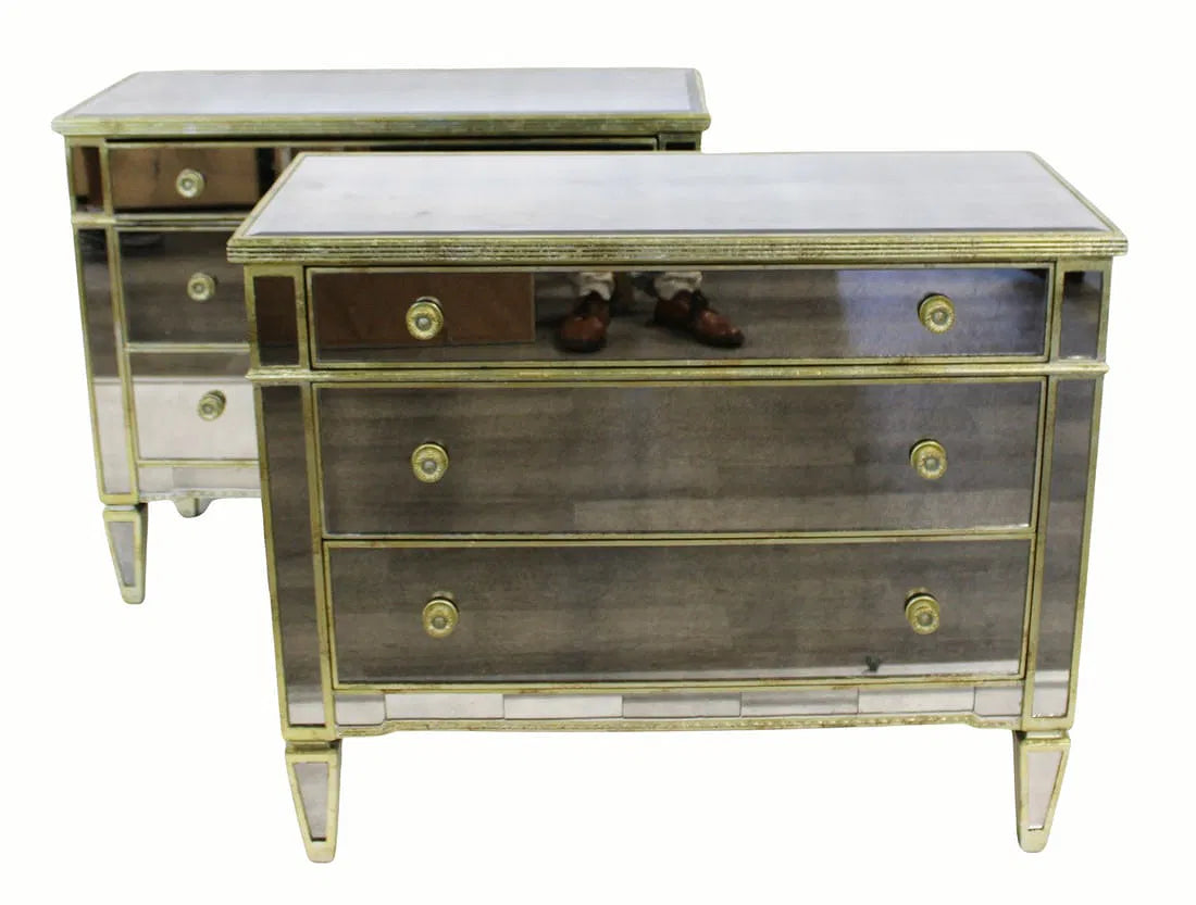 PAIR OF MIRRORED THREE DRAWER CHESTS WITH GILT DETAIL