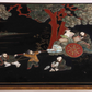 JANSEN STYLE CARVED & PAINTED CHINOISERIE COFFEE TABLE WITH BRASS & STEEL BASE