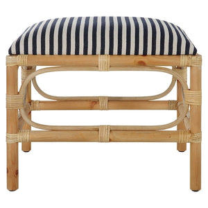 WOOD AND RATTAN BENCH WITH NAVY AND WHITE STRIPE CUSHION