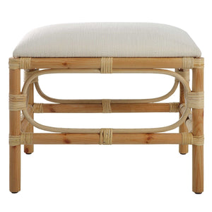 WOOD AND RATTAN BENCH WITH WHITE CUSHION