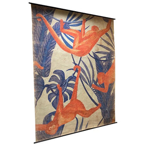 DECORATIVE "ANTIQUED"  BLUE AND ORANGE FRENCH WALLPAPER PANEL OF MONKEYS