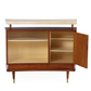 MID CENTURY MAHOGANY BAR WITH BRASS ACCENTS, PARCHMENT TOP, AND TWO UPHOLSTERED STOOLS