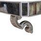 ANTIQUED MIRROR WALL MOUNT CONSOLE WITH DRAWERS AND SILVERED SCROLL SUPPORTS