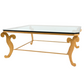 MONUMENTAL GILT IRON COFFEE TABLE WITH SCROLL DETAIL AND BEVELED GLASS TOP