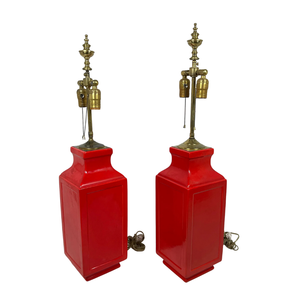 PAIR OF RED GLAZED CERAMIC MID CENTURY MODERN LAMPS