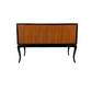 PAIR OF TWO DOOR BLACK GLASS AND MIRROR CABINETS WITH CABRIOLE LEGS