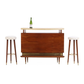 MID CENTURY MAHOGANY BAR WITH BRASS ACCENTS, PARCHMENT TOP, AND TWO UPHOLSTERED STOOLS