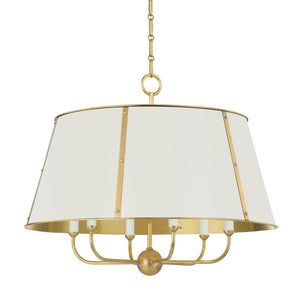 WHITE AND BRASS CHANDELIER WITH 6 LIGHT CANDELABRA BASE