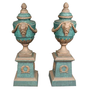 PAIR OF VERDIGRIS AND METAL GARDEN URNS