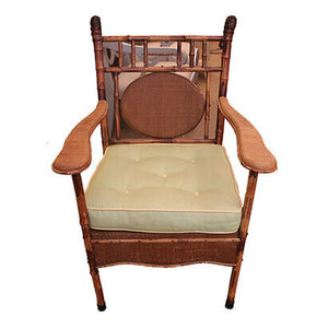 ANTIQUE ENGLISH BAMBOO ARMCHAIR WITH GREEN CUSHION