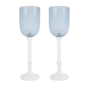 A PAIR OF AQUA GLASS HURRICANES ON WHITE BASES