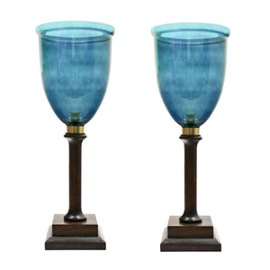 A PAIR OF BLUE GLASS HURRICANES