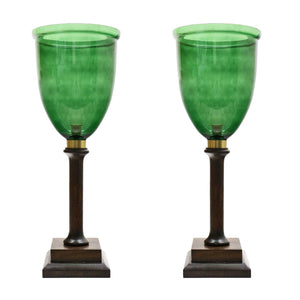 A PAIR OF GREEN GLASS HURRICANES