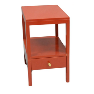 SINGLE TWO TIER HIGH GLOSS RED SIDE TABLE WITH GLASS TOP & DRAWER