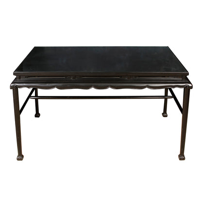 CHINOISERIE BLACK CONSOLE WITH SCALLOPED APRON AND  GLASS TOP