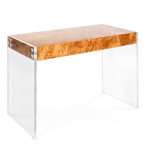 BURLED WOOD DESK WITH LUCITE LEGS