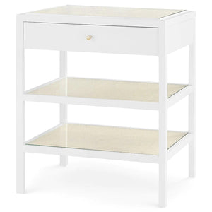 WHITE LACQUER AND CANE SHELF SIDE TABLE WITH DRAWER AND GLASS TOP