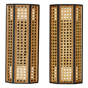 CANED MID CENTURY MODERN WALL SCONCES WITH BLACK TRIM