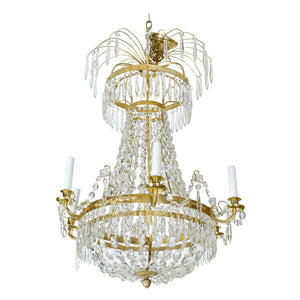 CRYSTAL AND BRASS SWEDISH SIX ARM CHANDELIER