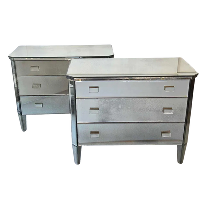 PAIR OF HOLLYWOOD REGENCY STYLE THREE DRAWER MIRRORED DRESSERS