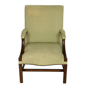 ENGLISH GEORGE III STYLE UPHOLSTERED ARM CHAIR