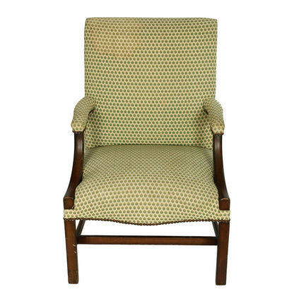 ENGLISH GEORGE III STYLE UPHOLSTERED ARM CHAIR