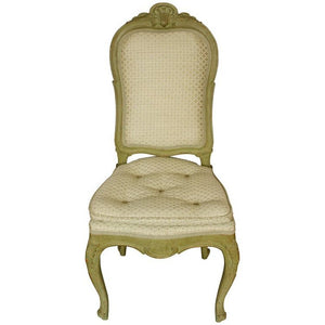 PAIR OF CARVED AND GREEN PAINTED SIDE CHAIRS WITH SHELL MOTIF AND TUFTED SEAT