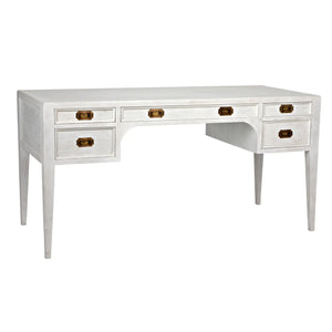 WHITE WASH PAINTED WOOD DESK WITH ANTIQUE BRASS HARDWARE