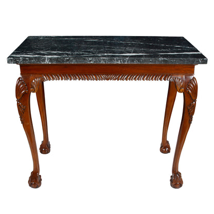 GEORGE III STYLE WALNUT CONSOLE WITH CARVED DETAILS AND MARBLE TOP