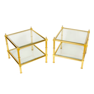 HOLLYWOOD REGENCY BRASS AND GLASS SIDE TABLES