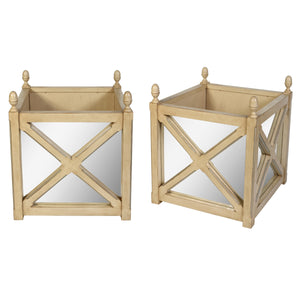 NEOCLASSICAL PAIR OF PAINTED WOOD AND MIRRORED PLANTERS WITH X FRAME