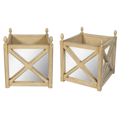 NEOCLASSICAL PAIR OF PAINTED WOOD AND MIRRORED PLANTERS WITH X FRAME