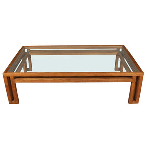 LARGE CUSTOM BILLY BALDWIN OAK AND GLASS COCKTAIL TABLE